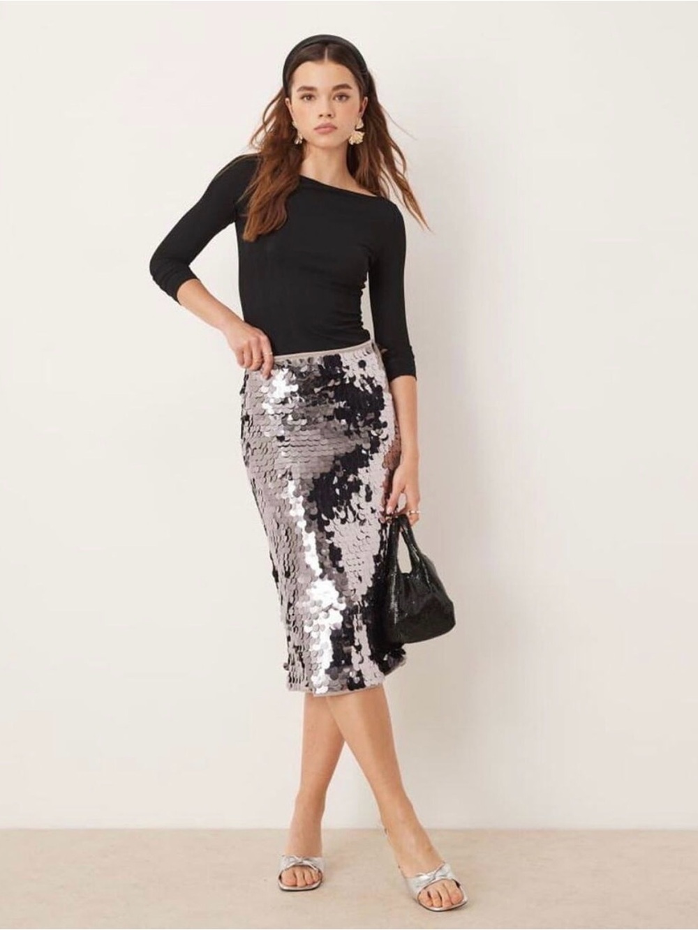 Silver Sequin Pencil Skirt - Women's Festive Skirt